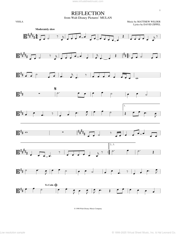 Reflection (Pop Version) (from Mulan) sheet music for viola solo by Christina Aguilera, David Zippel and Matthew Wilder, intermediate skill level