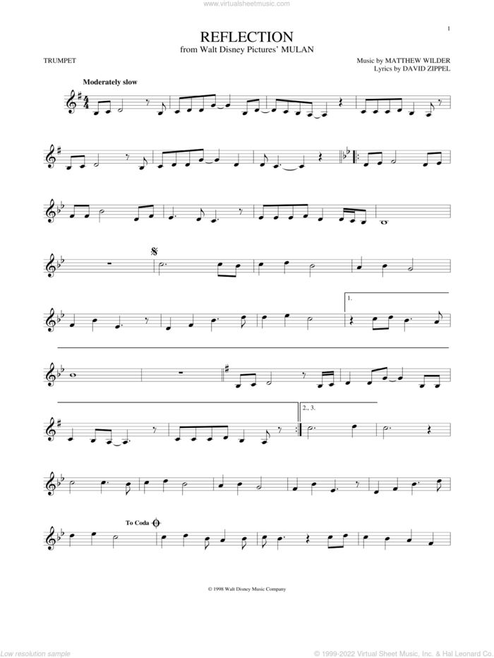 Reflection (Pop Version) (from Mulan) sheet music for trumpet solo by Christina Aguilera, David Zippel and Matthew Wilder, intermediate skill level
