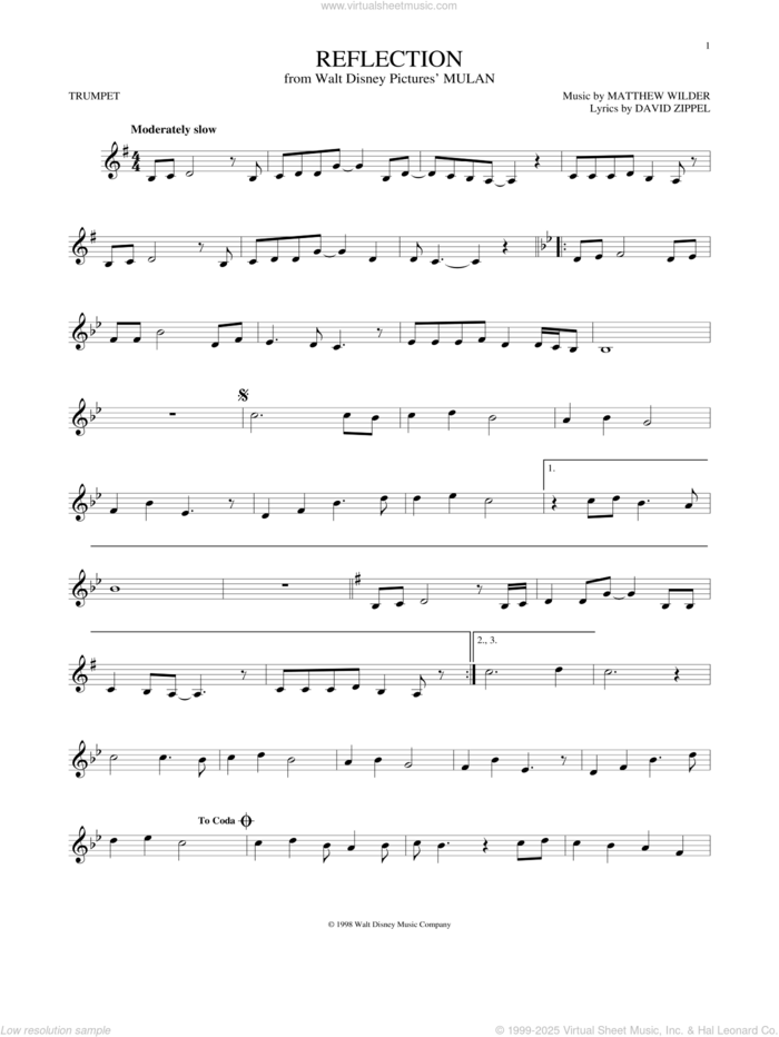 Reflection (Pop Version) (from Mulan) sheet music for trumpet solo by Christina Aguilera, David Zippel and Matthew Wilder, intermediate skill level