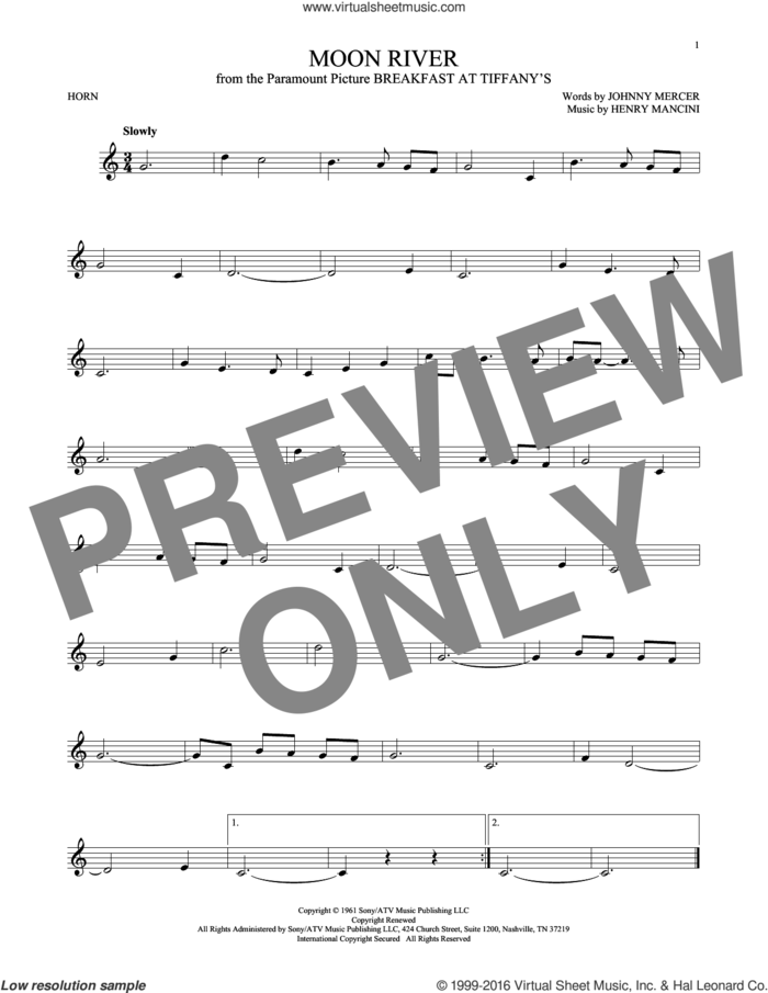 Moon River sheet music for horn solo by Johnny Mercer, Andy Williams and Henry Mancini, wedding score, intermediate skill level