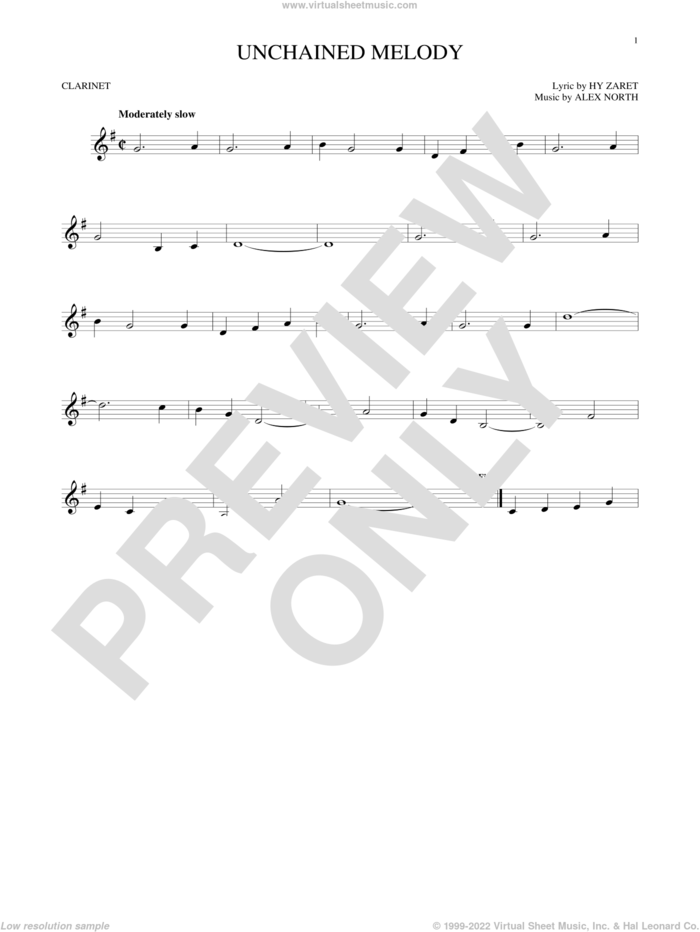 Unchained Melody sheet music for clarinet solo by The Righteous Brothers, Al Hibbler, Barry Manilow, Elvis Presley, Les Baxter, Alex North and Hy Zaret, wedding score, intermediate skill level