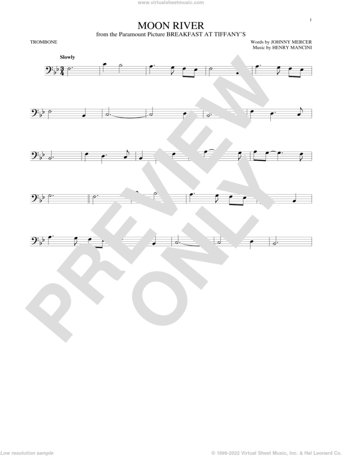 Moon River sheet music for trombone solo by Johnny Mercer, Andy Williams and Henry Mancini, intermediate skill level