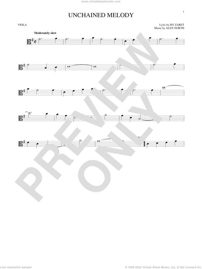 Unchained Melody sheet music for viola solo by The Righteous Brothers, Al Hibbler, Barry Manilow, Elvis Presley, Les Baxter, Alex North and Hy Zaret, wedding score, intermediate skill level