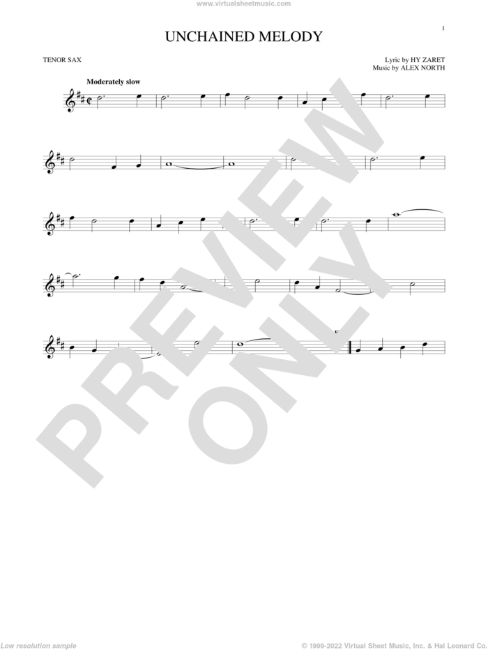 Unchained Melody sheet music for tenor saxophone solo by The Righteous Brothers, Al Hibbler, Les Baxter, Alex North and Hy Zaret, wedding score, intermediate skill level