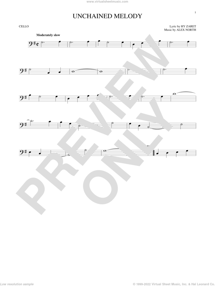 Unchained Melody sheet music for cello solo by The Righteous Brothers, Al Hibbler, Barry Manilow, Elvis Presley, Les Baxter, Alex North and Hy Zaret, wedding score, intermediate skill level