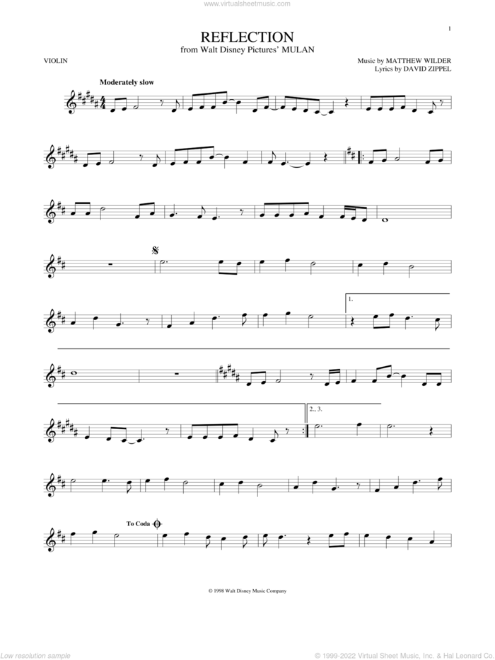 Reflection (Pop Version) (from Mulan) sheet music for violin solo by Christina Aguilera, David Zippel and Matthew Wilder, intermediate skill level