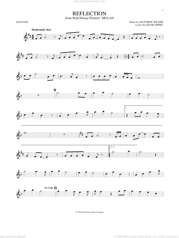 Reflection (Pop Version) (from Mulan) sheet music for alto saxophone solo by Christina Aguilera, David Zippel and Matthew Wilder, intermediate skill level