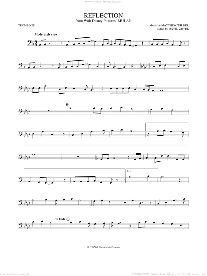 Reflection (Pop Version) (from Mulan) sheet music for trombone solo by Christina Aguilera, David Zippel and Matthew Wilder, intermediate skill level