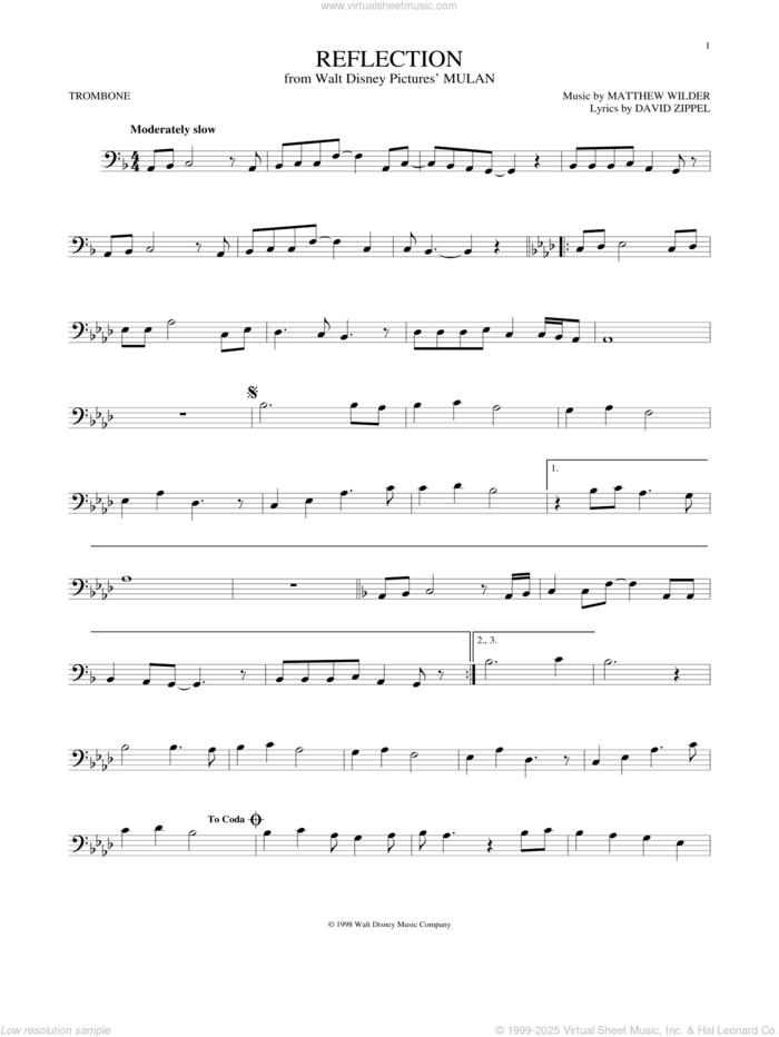 Reflection (Pop Version) (from Mulan) sheet music for trombone solo by Christina Aguilera, David Zippel and Matthew Wilder, intermediate skill level