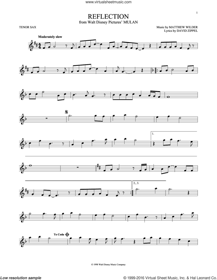 Reflection (Pop Version) (from Mulan) sheet music for tenor saxophone solo by Christina Aguilera, David Zippel and Matthew Wilder, intermediate skill level