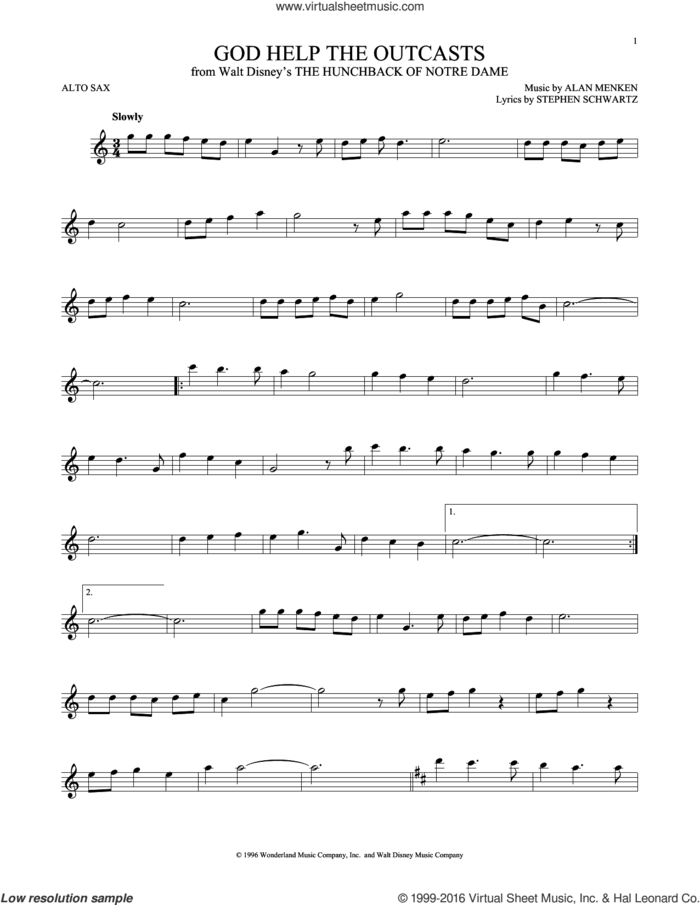 God Help The Outcasts (from The Hunchback Of Notre Dame) sheet music for alto saxophone solo by Bette Midler, Alan Menken and Stephen Schwartz, intermediate skill level
