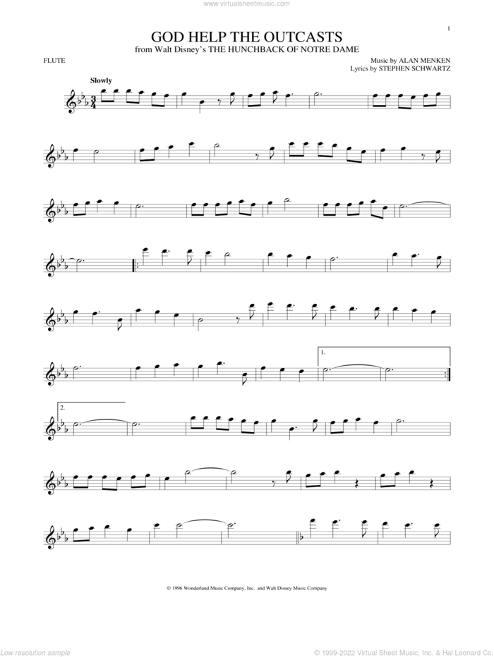 God Help The Outcasts (from The Hunchback Of Notre Dame) sheet music for flute solo by Bette Midler, Alan Menken and Stephen Schwartz, intermediate skill level