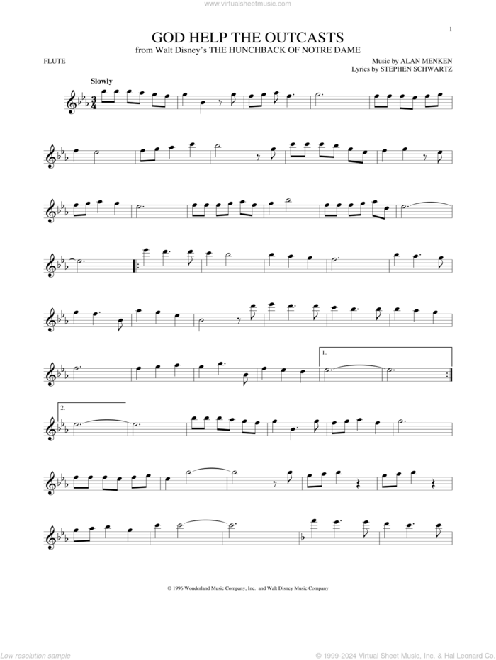 God Help The Outcasts (from The Hunchback Of Notre Dame) sheet music for flute solo by Bette Midler, Alan Menken and Stephen Schwartz, intermediate skill level