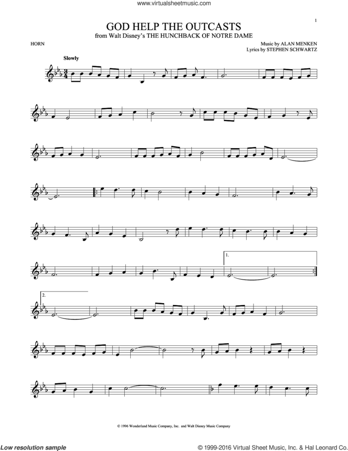 God Help The Outcasts (from The Hunchback Of Notre Dame) sheet music for horn solo by Bette Midler, Alan Menken and Stephen Schwartz, intermediate skill level