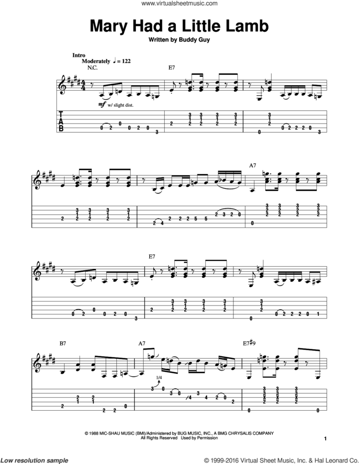 Mary Had A Little Lamb sheet music for guitar solo (easy tablature) by Stevie Ray Vaughan and Buddy Guy, easy guitar (easy tablature)