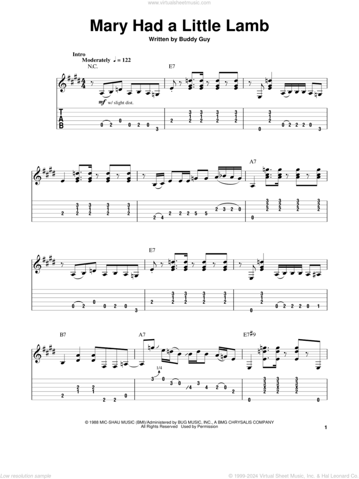 Mary Had A Little Lamb sheet music for guitar solo (easy tablature) by Stevie Ray Vaughan and Buddy Guy, easy guitar (easy tablature)