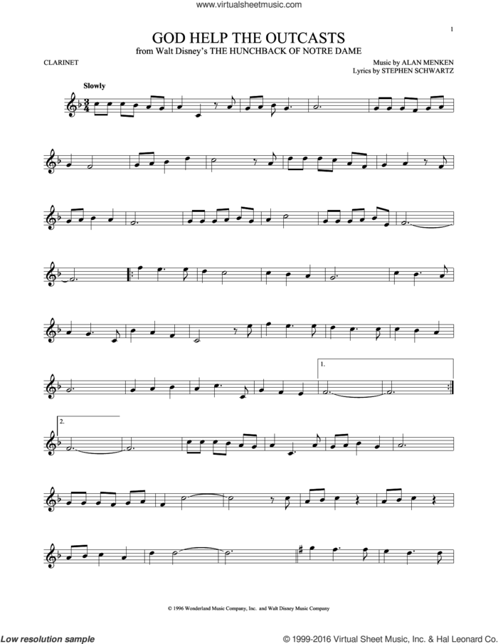 God Help The Outcasts (from The Hunchback Of Notre Dame) sheet music for clarinet solo by Bette Midler, Alan Menken and Stephen Schwartz, intermediate skill level