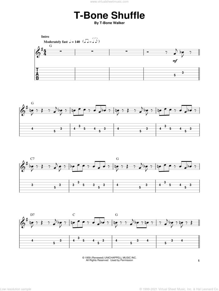 T-Bone Shuffle sheet music for guitar solo (easy tablature) by Aaron 'T-Bone' Walker, easy guitar (easy tablature)