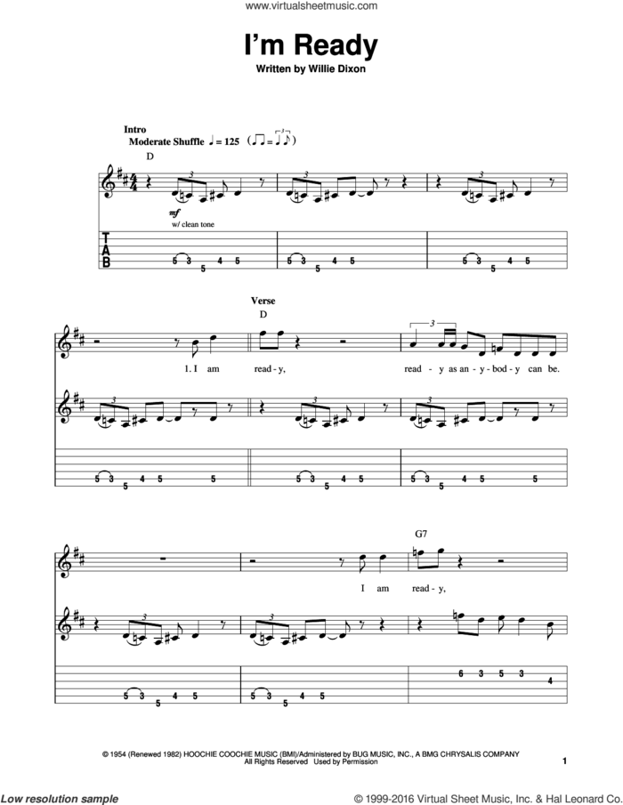 I'm Ready sheet music for guitar solo (easy tablature) by Muddy Waters and Willie Dixon, easy guitar (easy tablature)