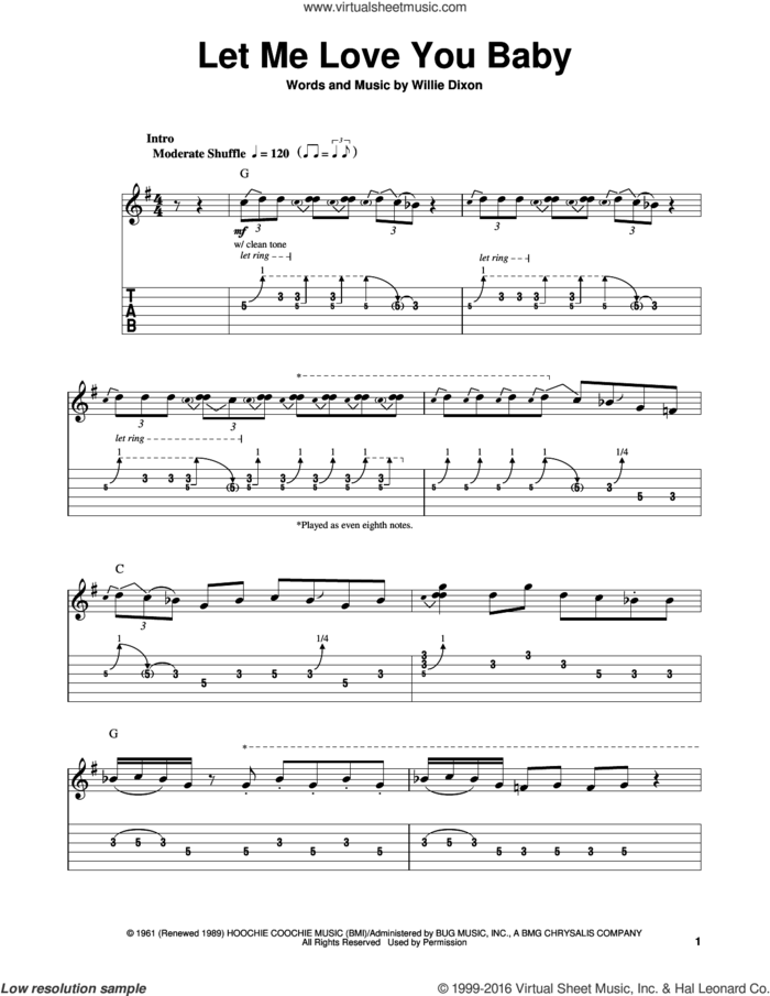 Let Me Love You Baby sheet music for guitar solo (easy tablature) by Stevie Ray Vaughan, Buddy Guy and Willie Dixon, easy guitar (easy tablature)