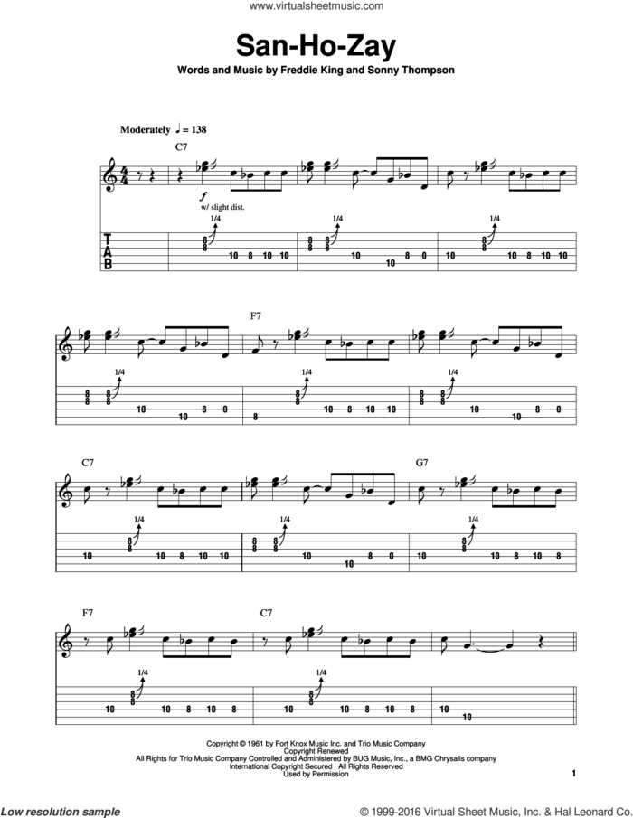 San-Ho-Zay sheet music for guitar solo (easy tablature) by Freddie King and Sonny Thompson, easy guitar (easy tablature)