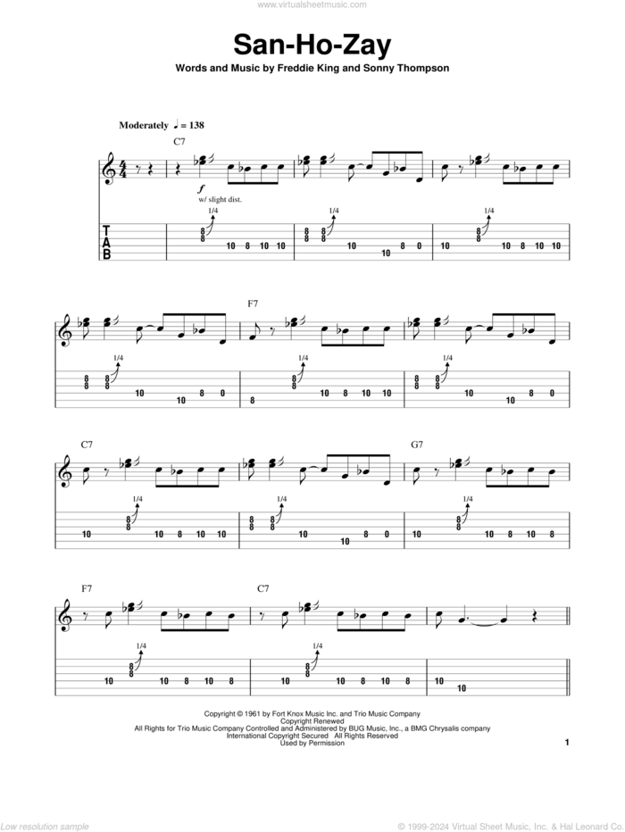 San-Ho-Zay sheet music for guitar solo (easy tablature) by Freddie King and Sonny Thompson, easy guitar (easy tablature)