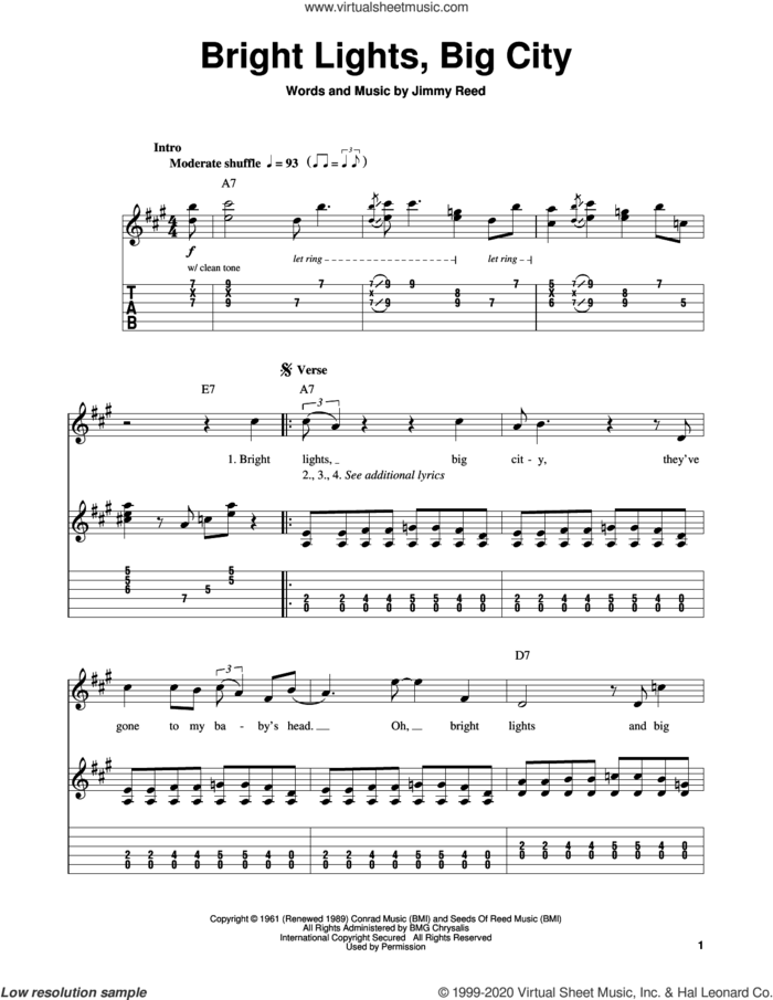 Bright Lights, Big City sheet music for guitar solo (easy tablature) by Jimmy Reed and Sonny James, easy guitar (easy tablature)