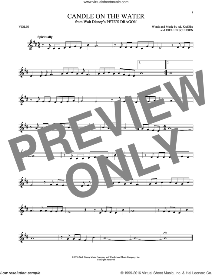 Candle On The Water (from Pete's Dragon) sheet music for violin solo by Helen Reddy, Al Kasha, Al Kasha & Joel Hirschhorn and Joel Hirschhorn, intermediate skill level