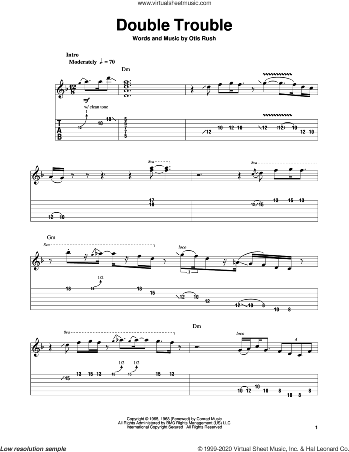 Double Trouble sheet music for guitar solo (easy tablature) by Eric Clapton and Otis Rush, easy guitar (easy tablature)