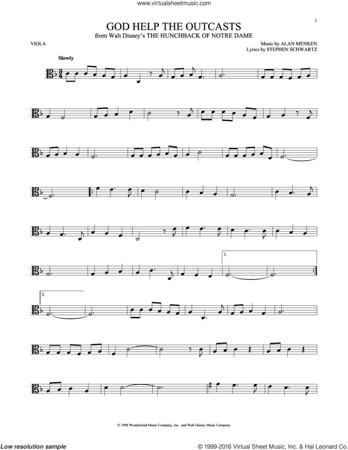 God Help The Outcasts (from The Hunchback Of Notre Dame) sheet music for viola solo by Bette Midler, Alan Menken and Stephen Schwartz, intermediate skill level