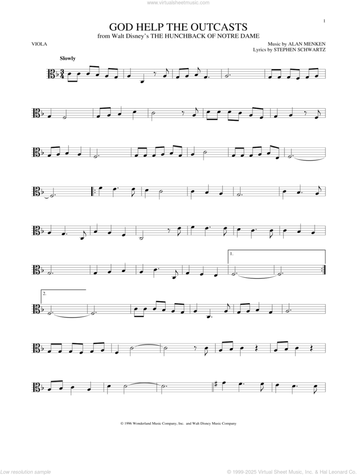 God Help The Outcasts (from The Hunchback Of Notre Dame) sheet music for viola solo by Bette Midler, Alan Menken and Stephen Schwartz, intermediate skill level