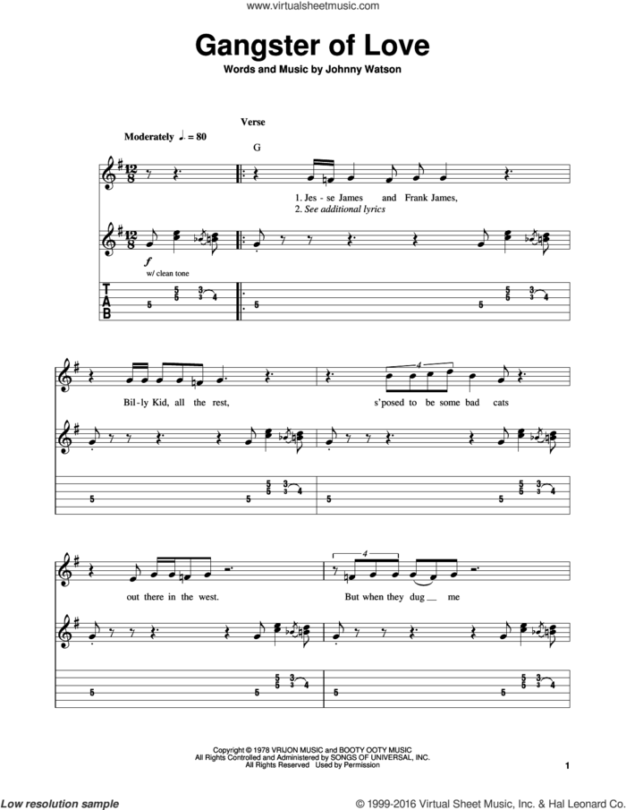Gangster Of Love sheet music for guitar solo (easy tablature) by Johnny 'Guitar' Watson and Johnny Watson, easy guitar (easy tablature)