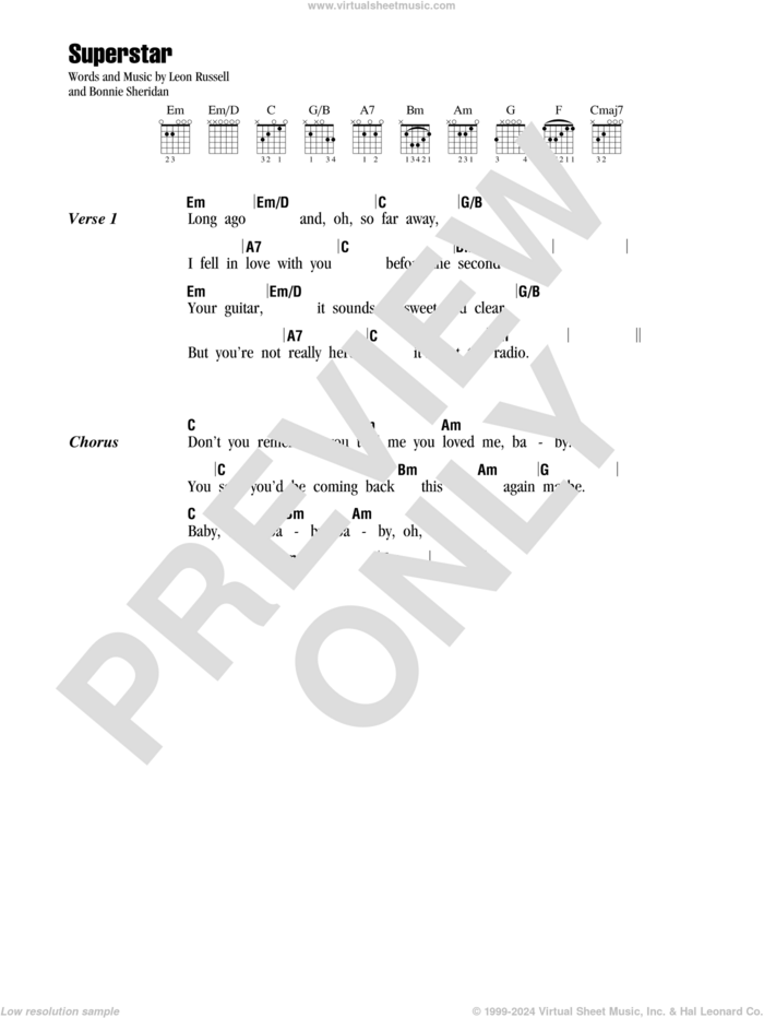 Superstar sheet music for guitar (chords) by Leon Russell, Carpenters and Bonnie Sheridan, intermediate skill level