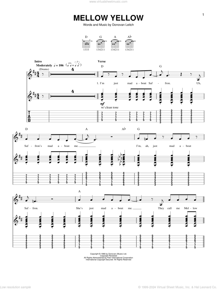 Mellow Yellow sheet music for guitar solo (easy tablature) by Walter Donovan and Donovan Leitch, easy guitar (easy tablature)