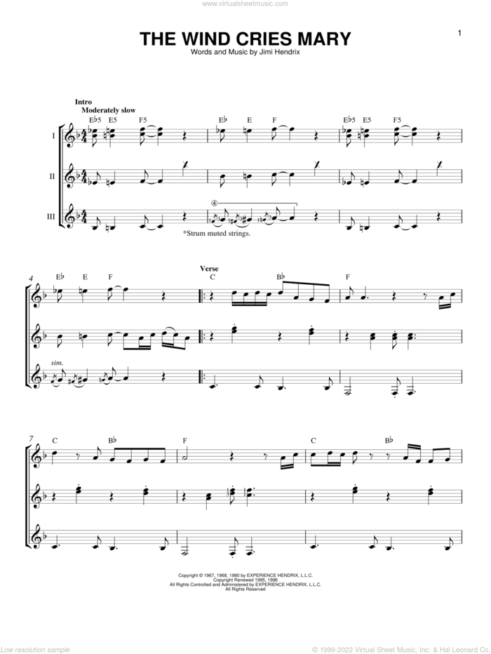 The Wind Cries Mary sheet music for guitar ensemble by Jimi Hendrix, intermediate skill level