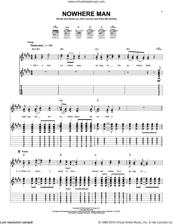 Nowhere Man sheet music for guitar solo (easy tablature) by The Beatles, John Lennon and Paul McCartney, easy guitar (easy tablature)