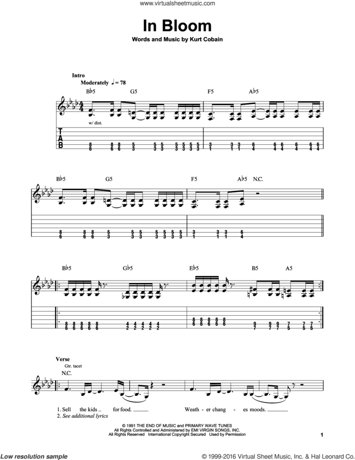 In Bloom sheet music for guitar solo (easy tablature) by Nirvana and Kurt Cobain, easy guitar (easy tablature)