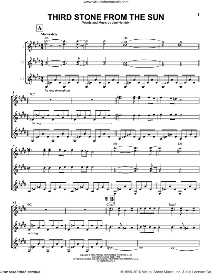Third Stone From The Sun sheet music for guitar ensemble by Jimi Hendrix, intermediate skill level