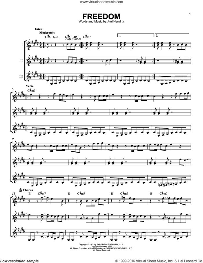 Freedom sheet music for guitar ensemble by Jimi Hendrix, intermediate skill level