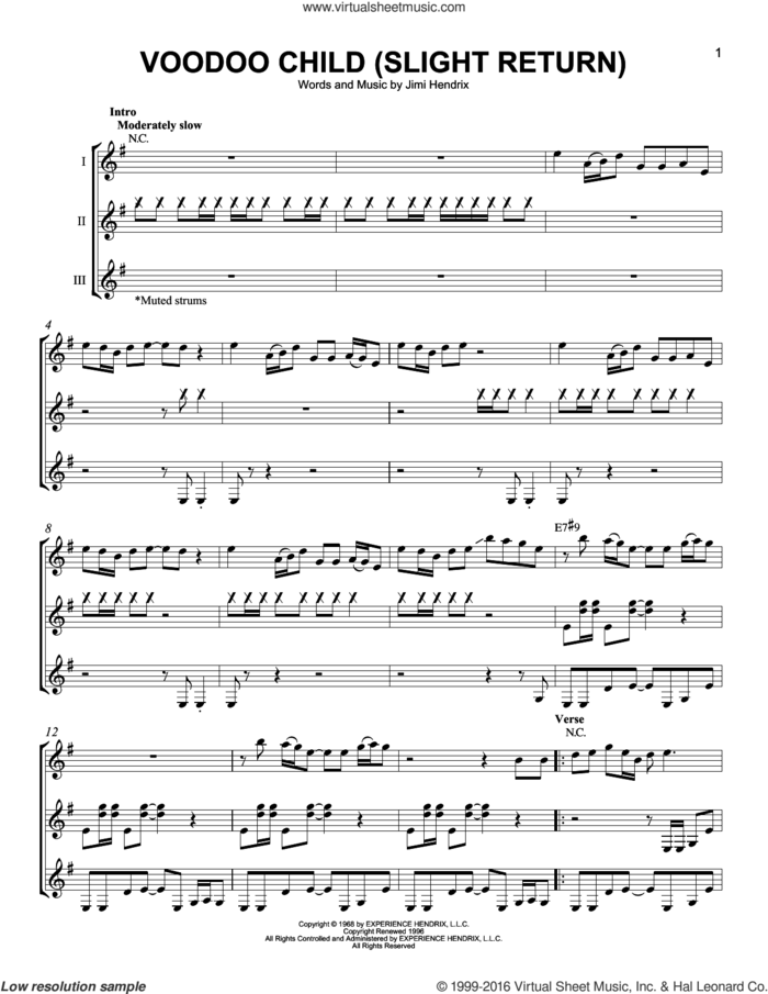 Voodoo Child (Slight Return) sheet music for guitar ensemble by Jimi Hendrix and Stevie Ray Vaughan, intermediate skill level