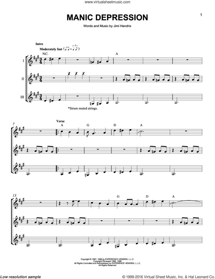 Manic Depression sheet music for guitar ensemble by Jimi Hendrix, intermediate skill level