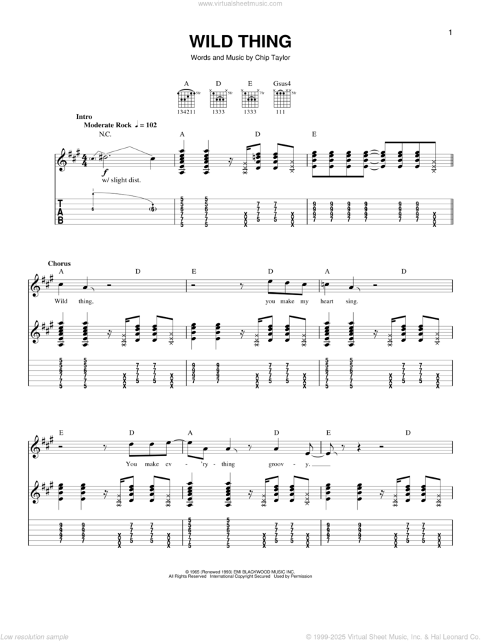 Wild Thing sheet music for guitar solo (easy tablature) by The Troggs and Chip Taylor, easy guitar (easy tablature)