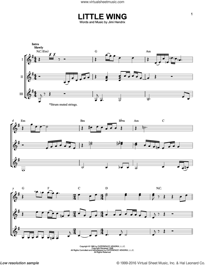 Little Wing sheet music for guitar ensemble by Jimi Hendrix and Metallica, intermediate skill level