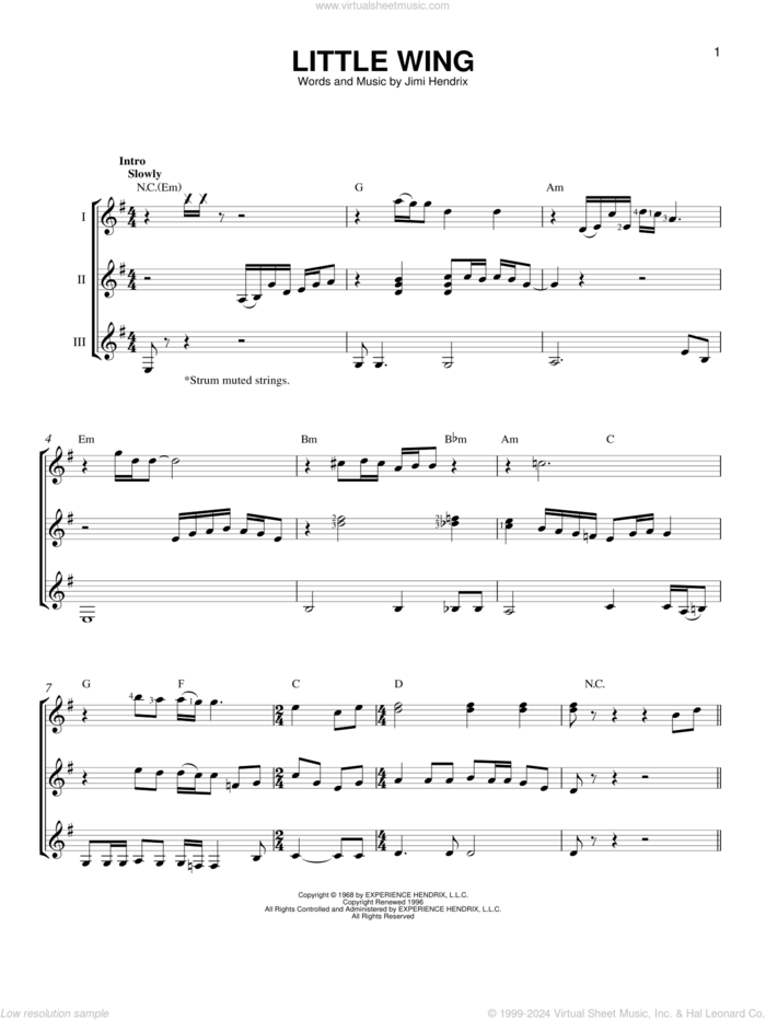 Little Wing sheet music for guitar ensemble by Jimi Hendrix and Metallica, intermediate skill level