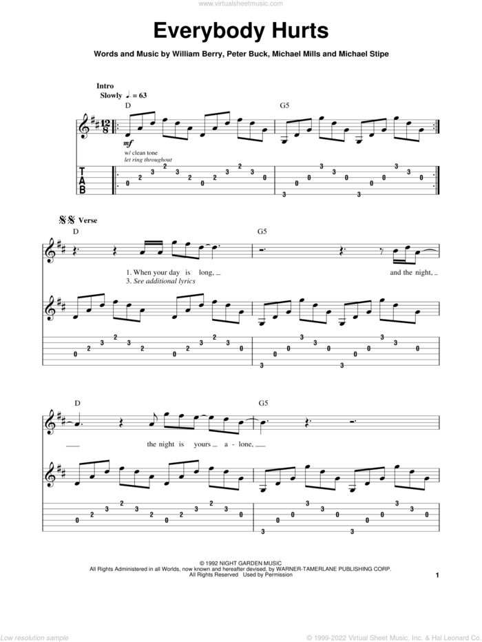 Everybody Hurts sheet music for guitar solo (easy tablature) by R.E.M., Michael Stipe, Mike Mills, Peter Buck and William Berry, easy guitar (easy tablature)