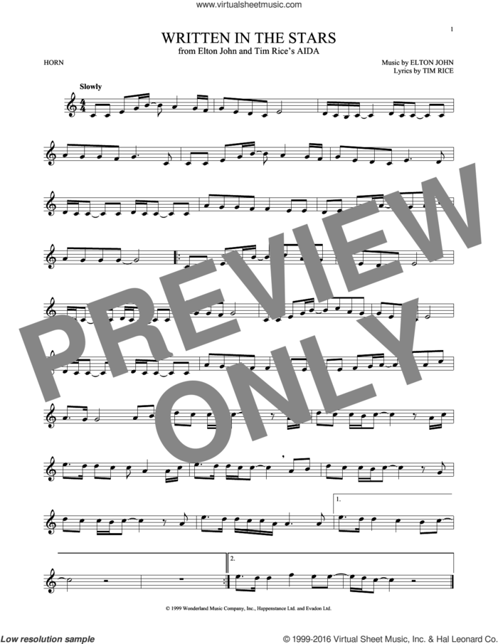 Written In The Stars (from Aida) sheet music for horn solo by Elton John and Tim Rice, intermediate skill level