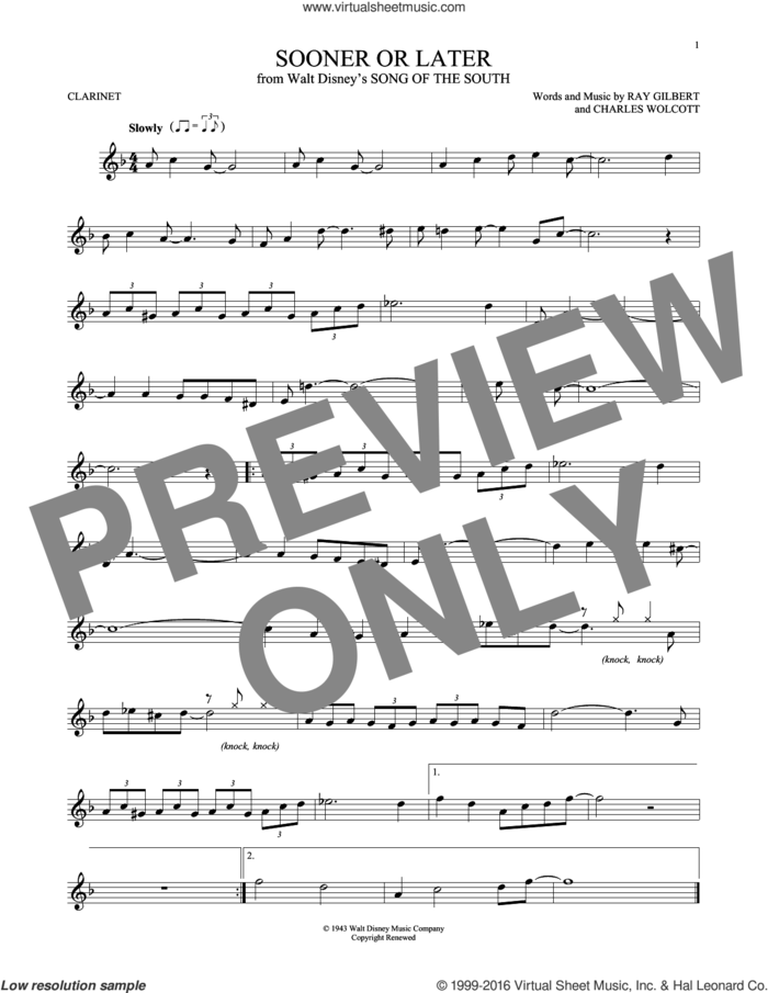 Sooner Or Later sheet music for clarinet solo by Ray Gilbert, Charles Wolcott and Ray Gilbert & Charles Wolcott, intermediate skill level