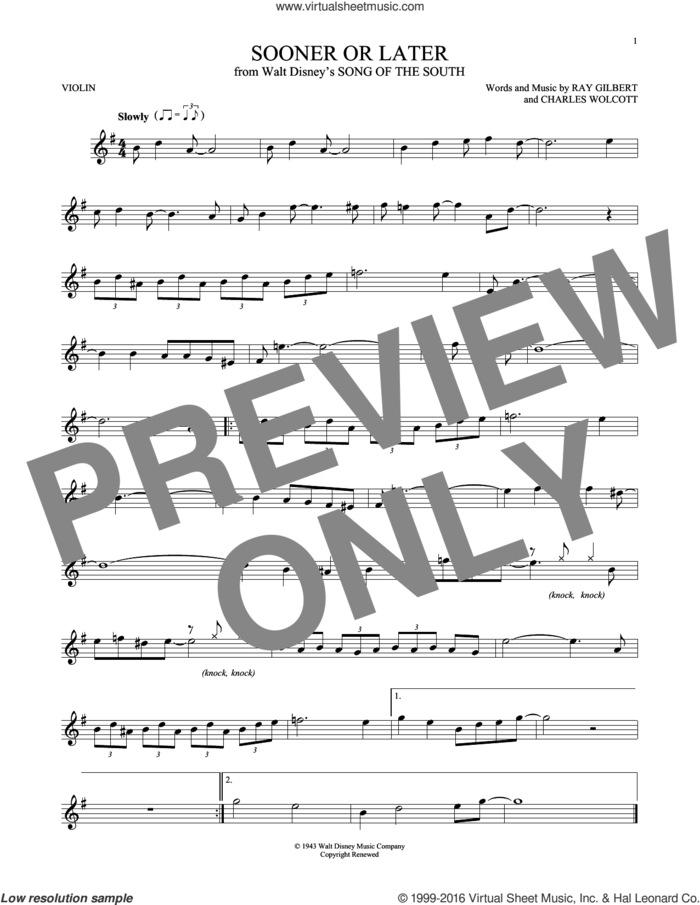 Sooner Or Later sheet music for violin solo by Ray Gilbert, Charles Wolcott and Ray Gilbert & Charles Wolcott, intermediate skill level