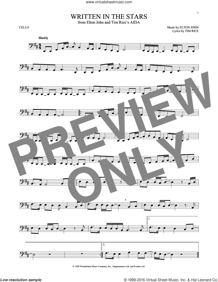 Written In The Stars (from Aida) sheet music for cello solo by Elton John and Tim Rice, intermediate skill level