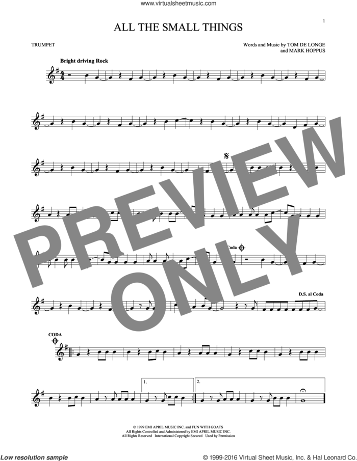 All The Small Things sheet music for trumpet solo by Blink 182, Mark Hoppus, Tom DeLonge and Travis Barker, intermediate skill level